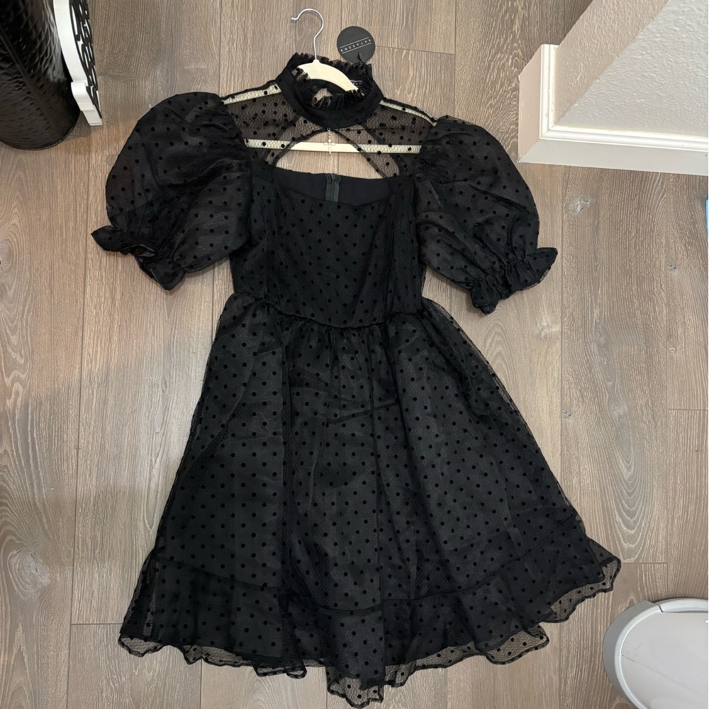 Katakomb Black Puffy Midi Sheer Dress High Neck Medium Wednesday Inspired